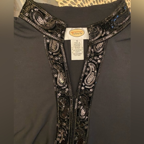Talbots Womens Black Tunic Top Sequin Embroidered Split Neck Size Medium - Picture 2 of 6